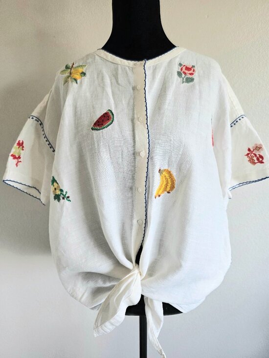 Intropia Tops - Anthropologie Intropia Embroidered Cross Stitch Fruit Top Linen Blend Boxy Sz S